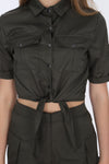Khaki Matching Set Short Sleeve Tie Up Crop Top with Combat Shorts
