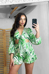 GREEN MARBLE SWIRL CROPPED TIE UP SHIRT & SHORTS SET