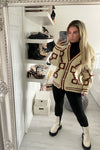 BEIGE & BROWN CONTRAST OVERSIZED KNITTED BUTTON CARDIGAN