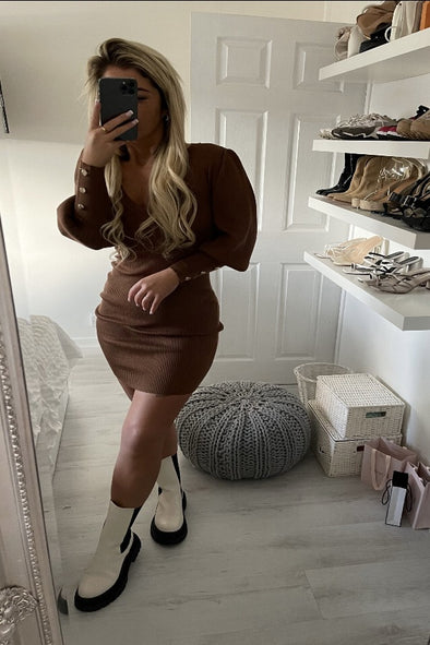 BROWN V-NECK POPPER BUTTON KNITTED BODYCON DRESS