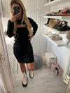 RUCHED HIPS DRAWSTRING CUT OUT BLACK KNITTED DRESS