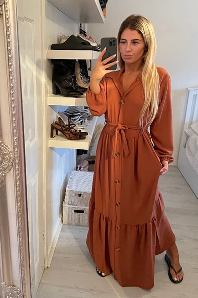 LAYERED BUTTONED DOWN TIE UP RUSTY MAXI DRESS