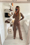 BUTTON DOWN SLINKY TIE UP TWO TONE PRINT BROWN JUMPSUIT