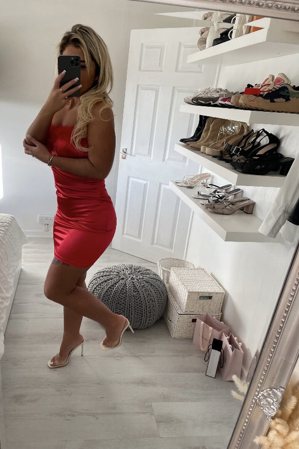 SEXY SATIN RED FEATHER SLINKY BODYCON PARTY DRESS