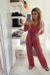 SLINKY TIE UP TWO TONE PRINT RED STRETCHY JUMPSUIT