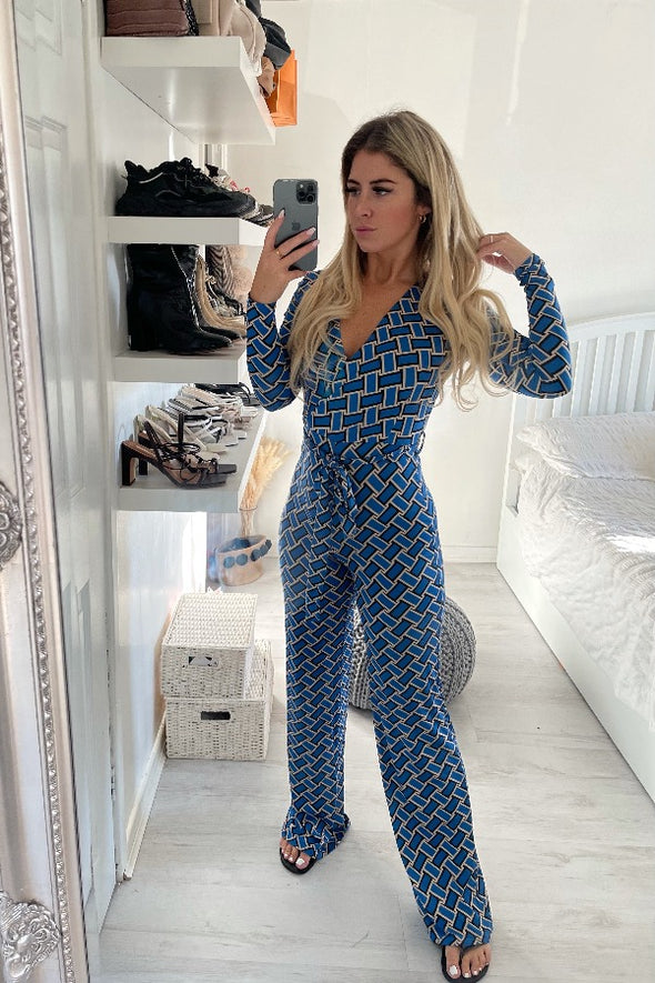SLINKY TIE UP TWO TONE PRINT BLUE STRETCHY JUMPSUIT