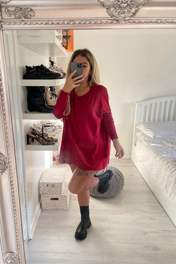 ASYMMETRIC KNITTED LONG RED JUMPER