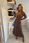 BROWN ABSTRACT PRINT LOW CUT TIE WRAP MAXI DRESS