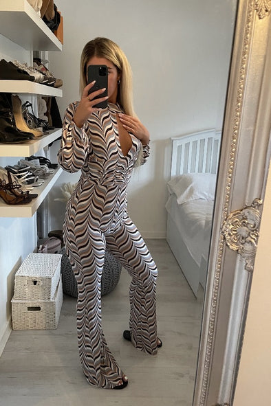 CUT OUT MULTI TONE ABSTRACT PRINT FLARE LEG JUMPSUIT