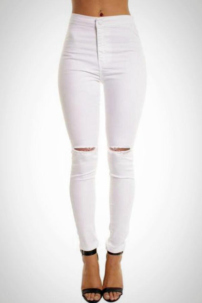 White High Waisted Ripped Knee Skinny Jeggings